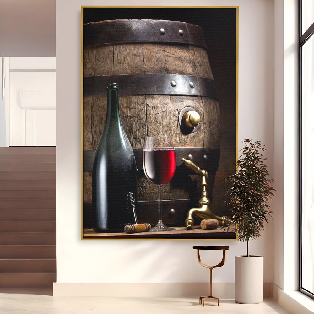 Tablou canvas cu tablou canvas cu butoi si vin, in rama de aluminiu auriu